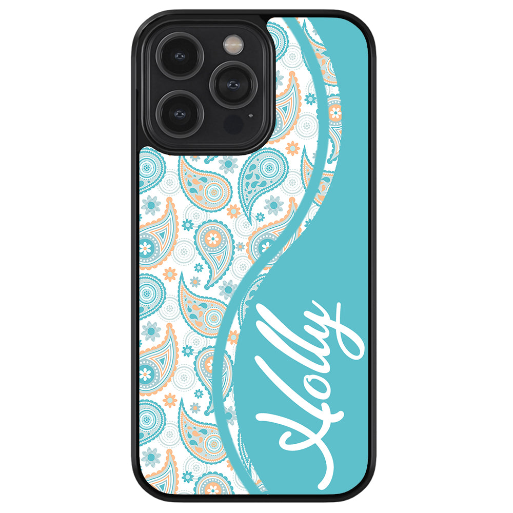 Teal Blue and Orange Paisley Personalized Apple iPhone Case