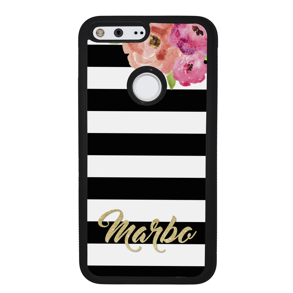 Black & White Bars - Flowers and Gold Personalized | Google Phone Case