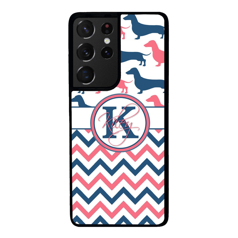 Dachshund Pink and Blue Chevron Personalized | Samsung Phone Case