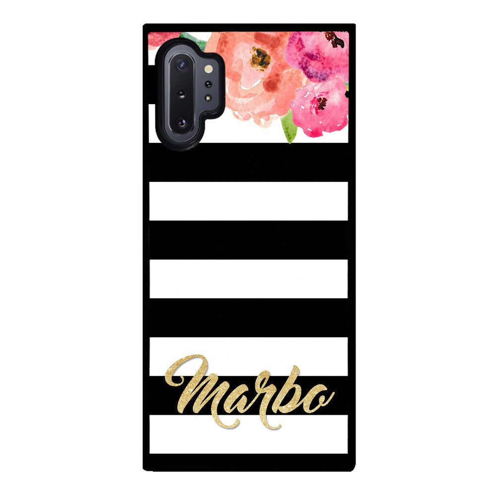 Black & White Bars - Flowers and Gold Personalized | Samsung Phone Case