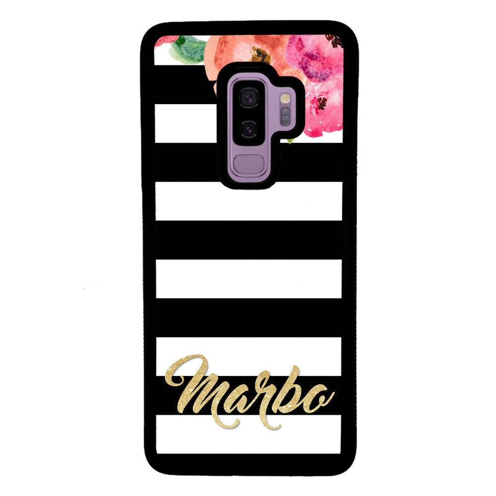 Black & White Bars - Flowers and Gold Personalized | Samsung Phone Case