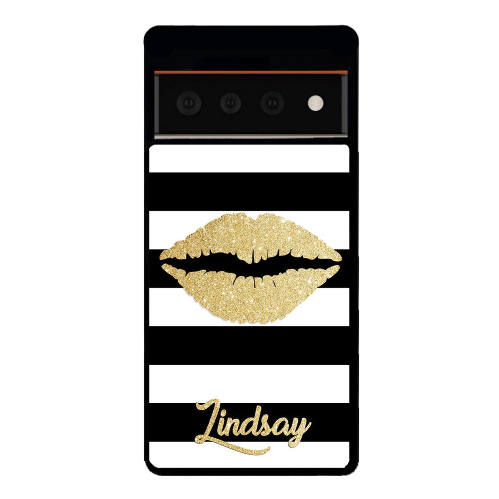 Black White Bars Gold Lips Personalized | Google Phone Case