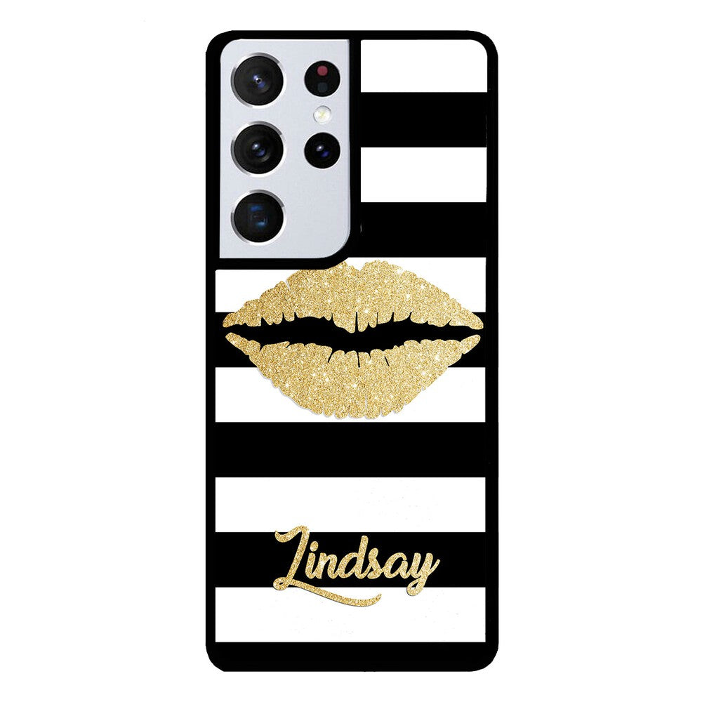Black White Bars Gold Lips Personalized | Samsung Phone Case