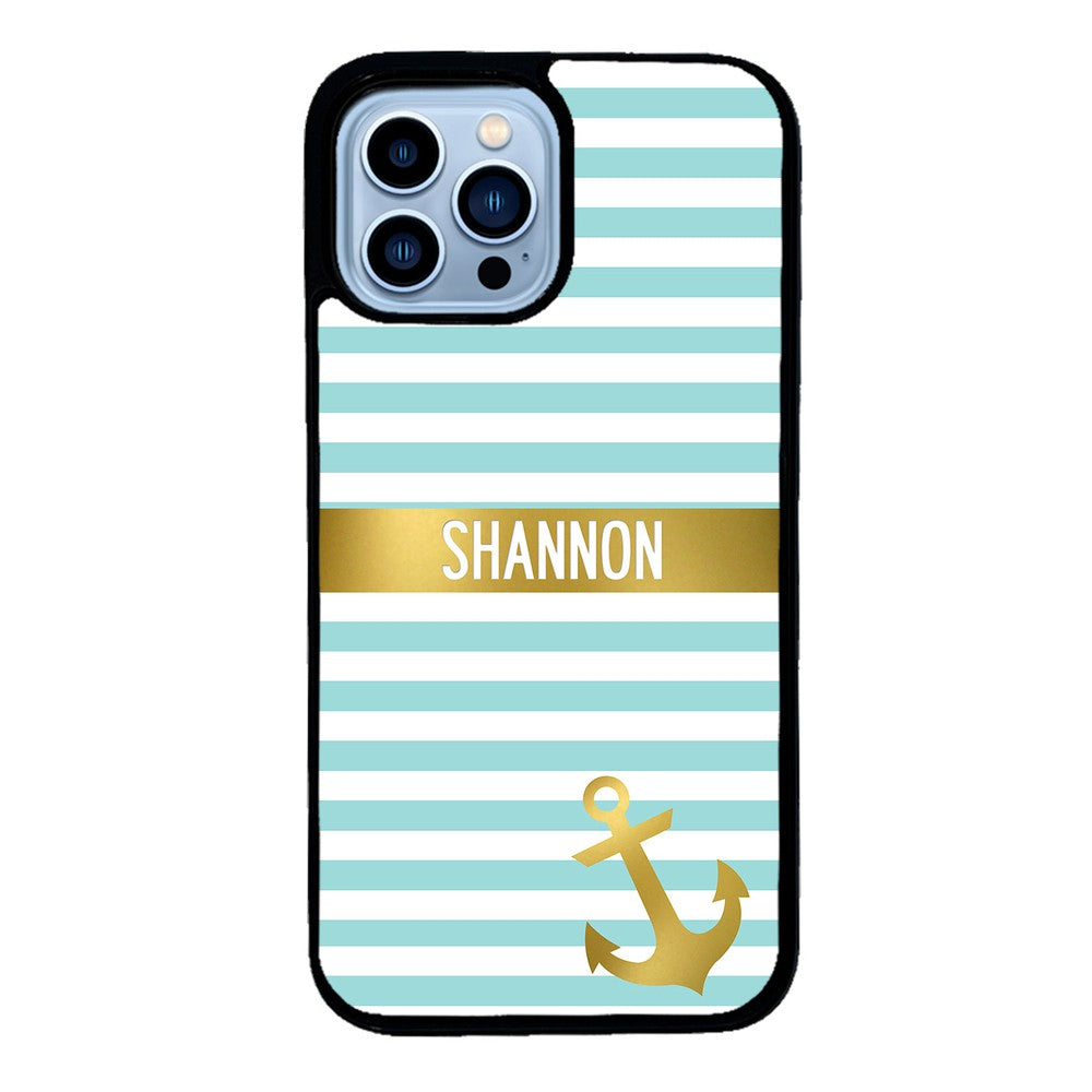 Teal White Bars Anchor Personalized | Apple iPhone Case