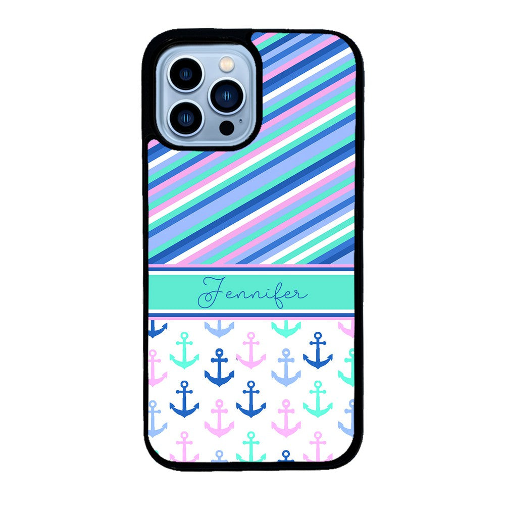 Nautical Pinstripes Anchors Personalized | Apple iPhone Case