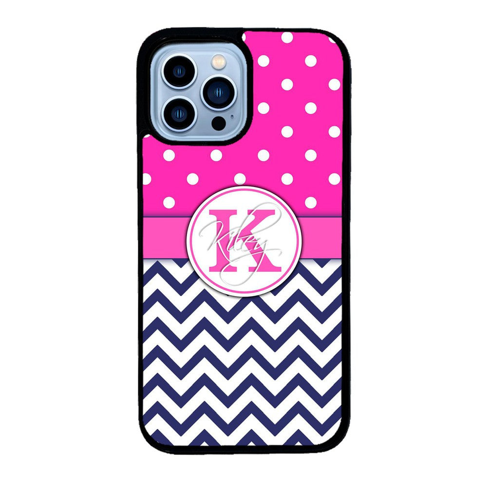 Pink Polka Dots Blue Chevron Personalized | Apple iPhone Case