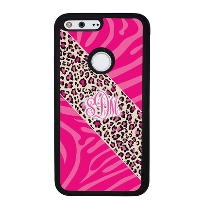 Pink Leopard and Zebra Animal Skin Monogram | Google Phone Case