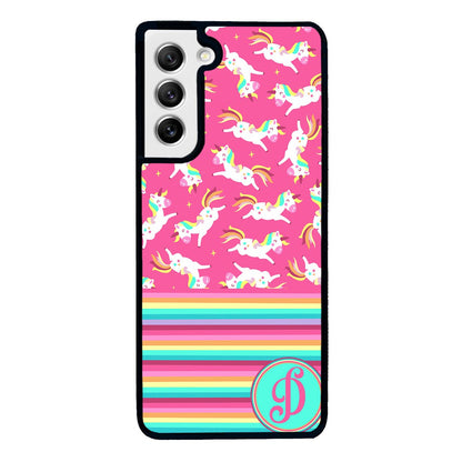 Rainbow Stripes Pink Unicorn Initial | Samsung Phone Case