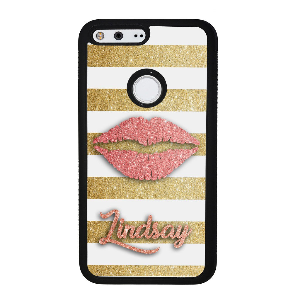Red Glitter Lips Gold Bars Personalized | Google Phone Case