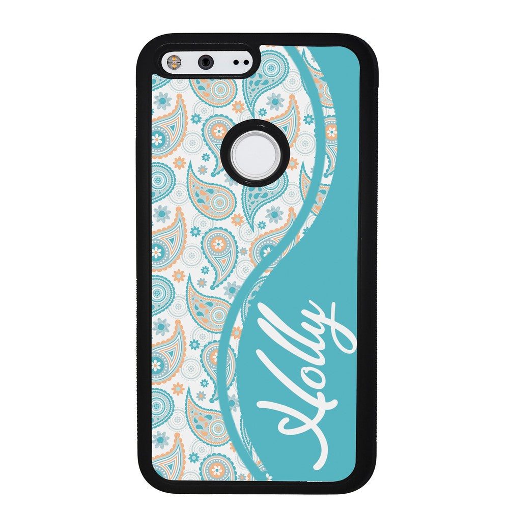 Teal Blue and Orange Paisley Personalized | Google Phone Case