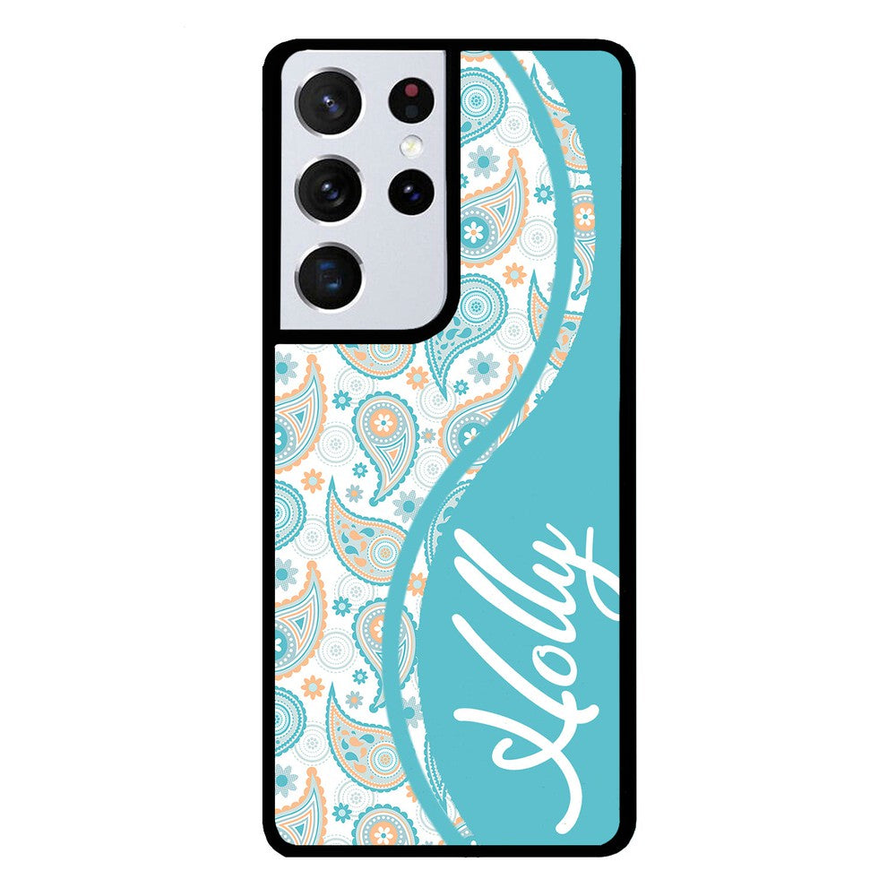 Teal Blue and Orange Paisley Personalized | Samsung Phone Case