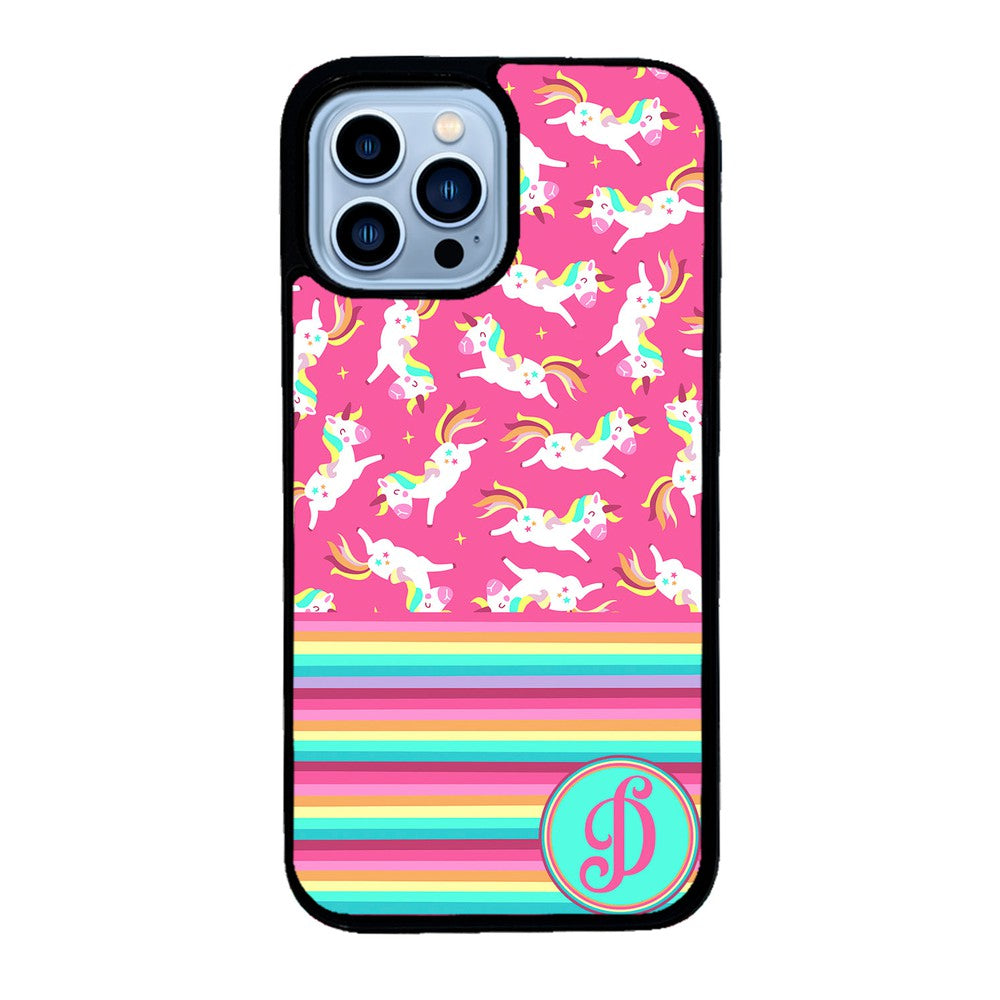 Rainbow Stripes Pink Unicorn Initial | Apple iPhone Case