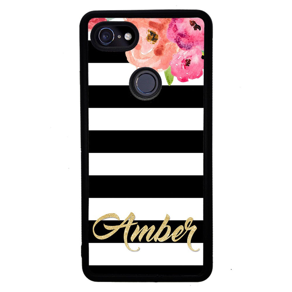 Black & White Bars - Flowers and Gold Personalized | Google Phone Case